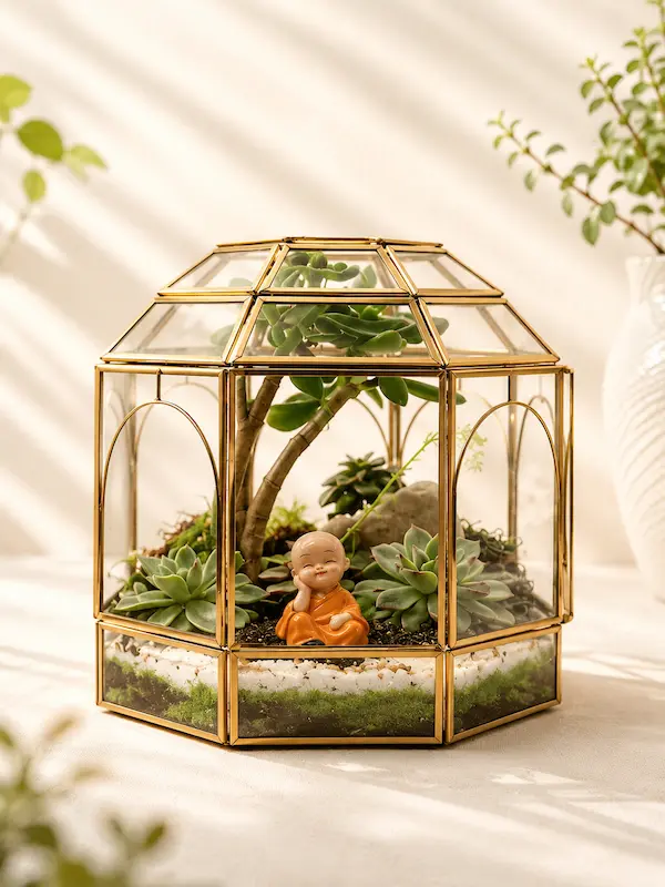 Geometric Dome Glass House Terrarium 1 Geometric dome glass house terrarium with Buddha figurine and succulent plants by Wildroots Gifting for desktop décor and gifting across India via gifting.wildroots.in.