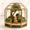 Geometric dome glass house terrarium with Buddha figurine and succulent plants by Wildroots Gifting for desktop décor and gifting across India via gifting.wildroots.in.