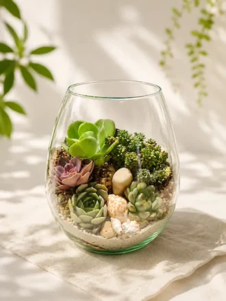 Oval glass desktop terrarium with succulent plants in a decorative 8-inch tall and 6-inch diameter glass bowl for modern indoor décor.