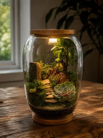 Premium Bell Jar Terrarium by Wild Roots Gifting with Ficus Bonsai inside a glass dome featuring wooden top and base for indoor home décor and gifting.