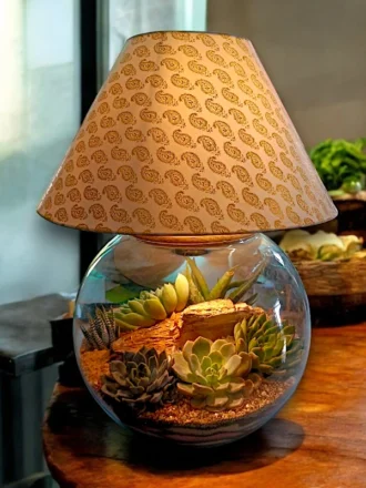 Round Bowl Lamp Terrarium with LED light and greenery by Wildroots