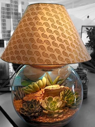 Round Bowl Lamp Terrarium with LED light and greenery by Wildroots