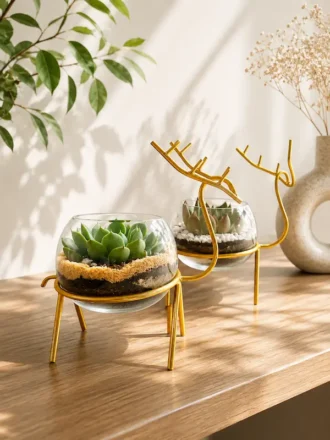 Enchanting Golden Reindeer Desktop Terrarium Planter Set by Wild Roots with succulent plants in premium glass bowls and golden decorative stands for modern home décor and gifting.