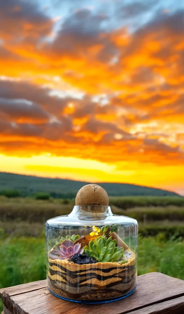 Volcano jar terrarium with lush green plants by Wildroots