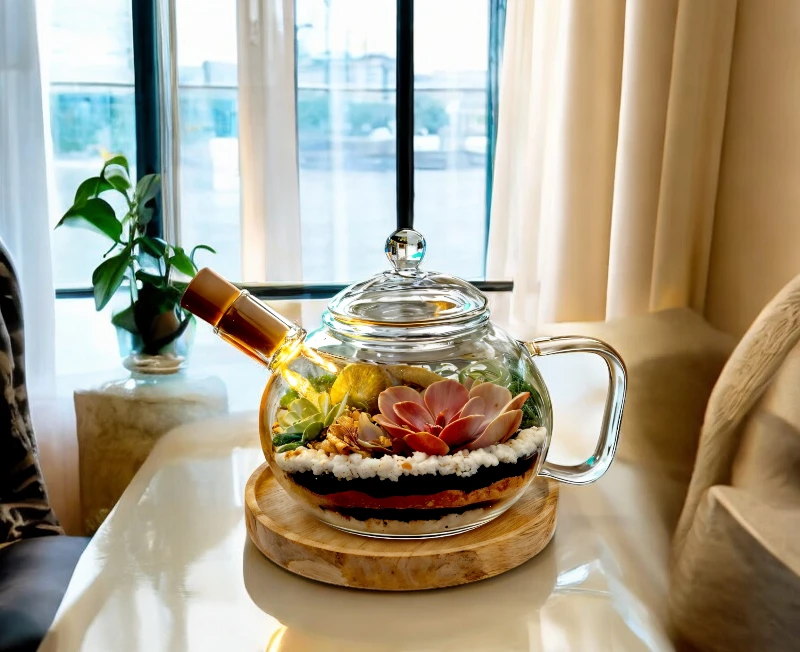 Upcycled coffee kettle terrarium with green plants by Wildroots
