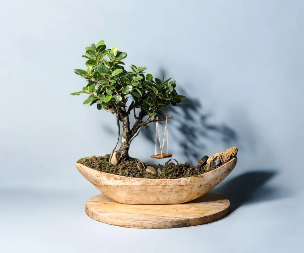 Bonsai plant on wooden boat-shaped base by Wild Roots Gifting – artistic indoor plant decor and gifting in Delhi NCR and Dehradun