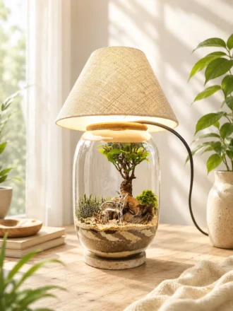 Glass terrarium lamp with ficus bonsai tree, miniature deer, warm white lampshade, and decorative desktop setup for home decor and gifting.