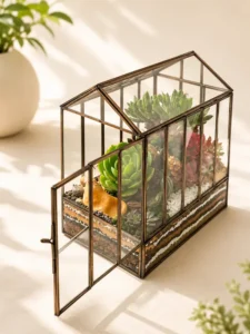 10-inch glass house terrarium with succulent plants and layered decorative sand by Wild Roots Gifting available across India on gifting.wildroots.in.