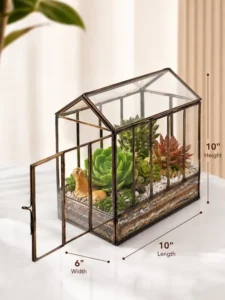 Large glass house terrarium as low-maintenance hotel lobby decor