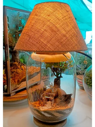 Bell jar lamp terrarium with plants and moss by Wildroots.