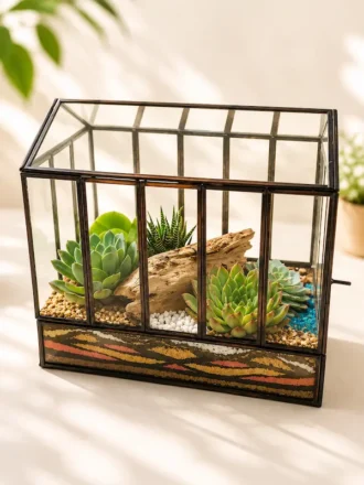 10-inch glass house terrarium with succulent plants and layered decorative sand by Wild Roots Gifting available across India on gifting.wildroots.in.