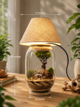 Glass terrarium lamp with ficus bonsai tree, miniature deer, warm white lampshade, and decorative desktop setup for home decor and gifting.