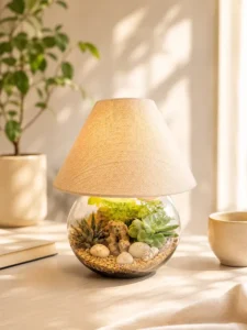 Fishbowl lamp terrarium with real succulents and live plants in an 8-inch glass bowl and 15-inch tall lamp by Wild Roots Gifting for home décor, office desks, and premium gifting in Delhi NCR and India.