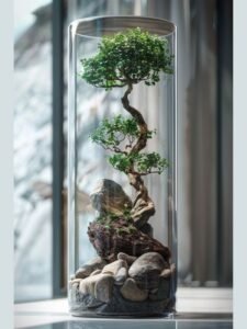 Cylindrical bonsai terrarium with moss and stones by Wildroots.