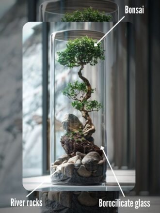 Cylindrical bonsai terrarium with moss and stones by Wildroots.