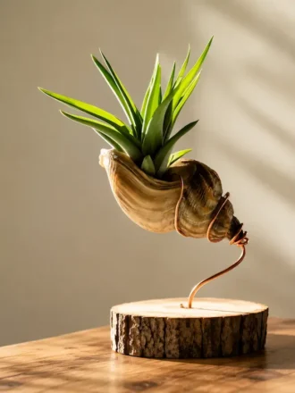 Real seashell succulent planter with copper wire support on a sheesham wood base, approximately 6 inches tall with 4 to 5 inch base diameter for premium home decor and gifting.