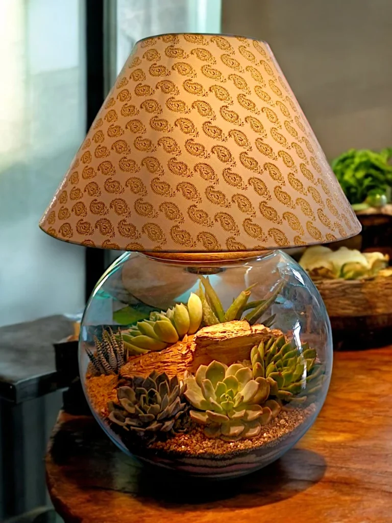 Round Bowl Lamp Terrarium with LED light and greenery by Wildroots