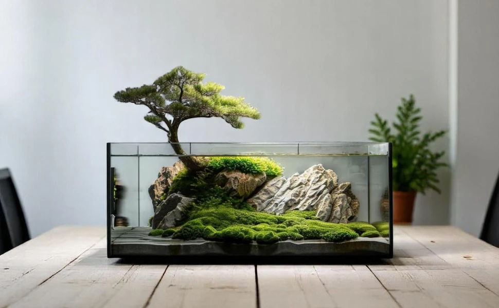 Terrarium house with live bonsai plant by Wild Roots Gifting, eco-friendly indoor decor for homes and offices in Delhi NCR and Dehradun