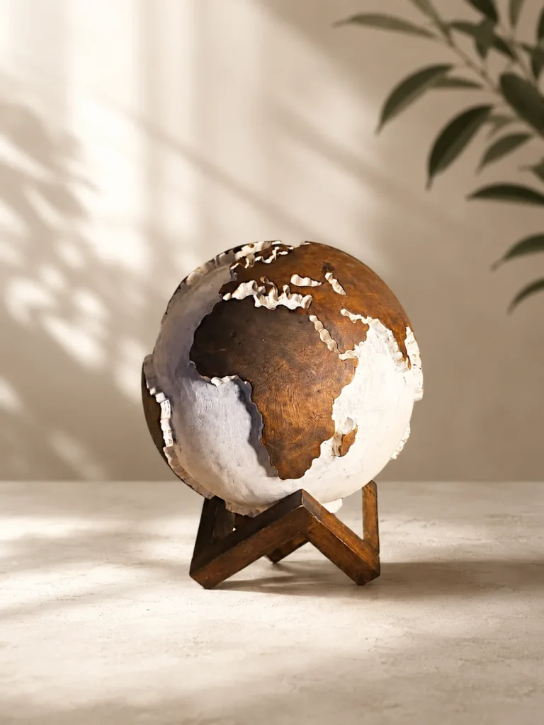 Hand carved wooden globe made from solid mango wood