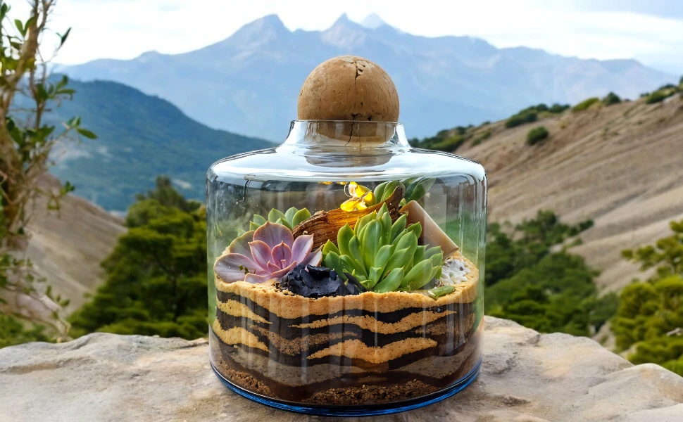 Volcano jar terrarium with lush green plants by Wildroots