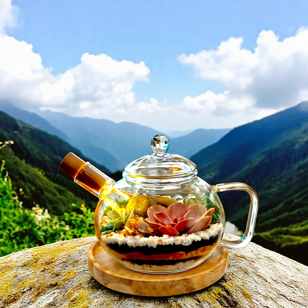 Upcycled coffee kettle terrarium with green plants by Wildroots