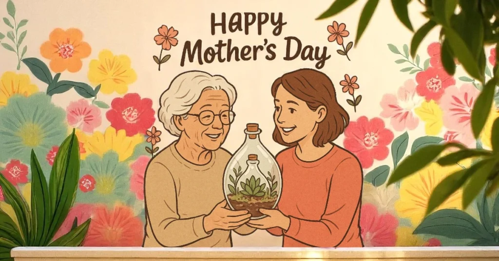 Mother happily receiving a terrarium gift from her daughter on Mother’s Day. Mothers day gift