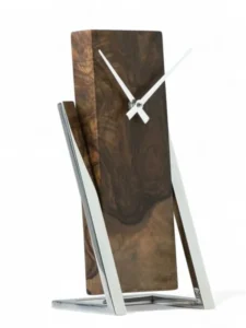 Handcrafted Sheesham Wood Desktop Clock by Wild Roots – a premium wooden timepiece with a sleek steel frame, perfect for desk décor and gifting. Made from durable solid Sheesham wood, this elegant clock blends modern design with timeless craftsmanship, making it a unique addition to offices, living rooms, and workspaces. Ideal as a corporate gift or home décor accent.