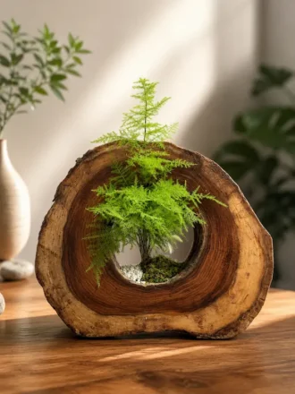 Premium solid Sheesham wood bonsai planter with natural live-edge wood finish and indoor bonsai arrangement, designed as luxury home décor and gifting accessory.