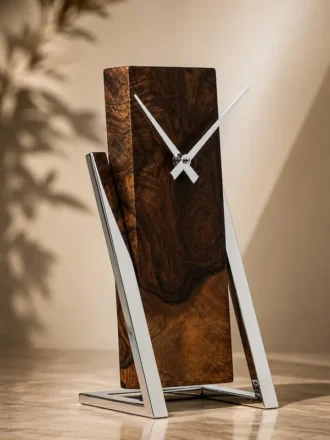 Premium handcrafted Sheesham wood desktop clock with modern minimalist design and natural solid wood grain finish for office and home décor.