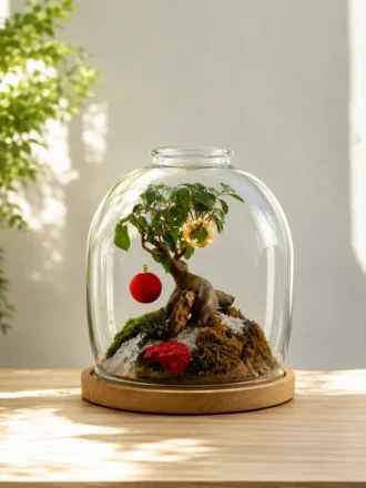 Premium open mouth beljar ficus bonsai terrarium in clear glass dome with wooden base, moss landscape, miniature indoor garden, luxury home décor bonsai terrarium.