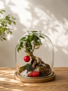 Premium open mouth beljar ficus bonsai terrarium in clear glass dome with wooden base, moss landscape, miniature indoor garden, luxury home décor bonsai terrarium.