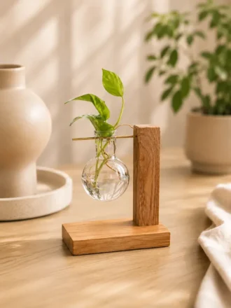 Handcrafted deep wood hydroponic vase with glass hydropendulum planter for money plant and pothos cuttings, premium wooden propagation stand for home décor in India and Delhi NCR
