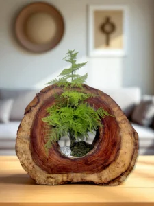 Bonsai plant growing inside a hollow Sheesham wood trunk, handcrafted by Wild Roots Gifting for premium home décor or gifting.