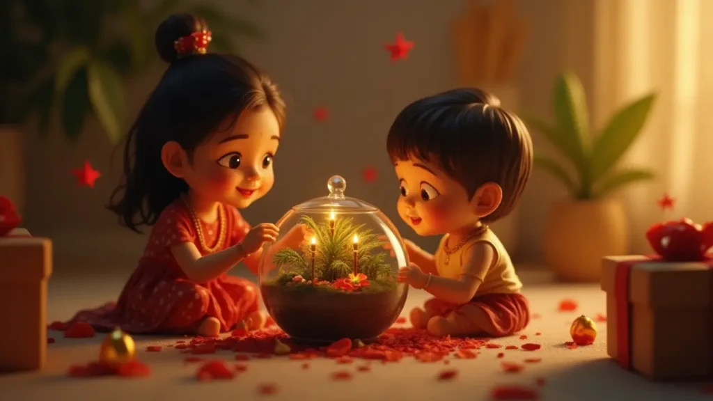 Sister tying Rakhi to her brother with a glass terrarium gift placed on the table, symbolizing eco-friendly and long-lasting love for Raksha Bandhan.