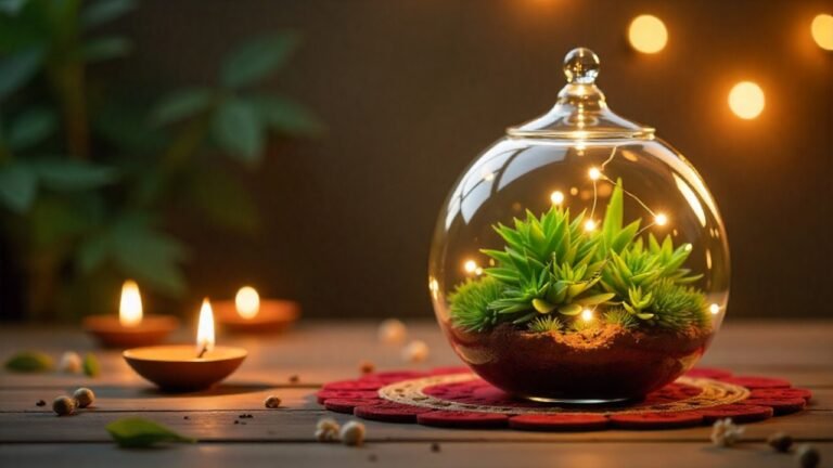 Eco-friendly Diwali gift idea – decorative glass terrarium with green plants, glowing diyas, and festive lights on a wooden table, symbolizing sustainable and nature-friendly Diwali gifting.