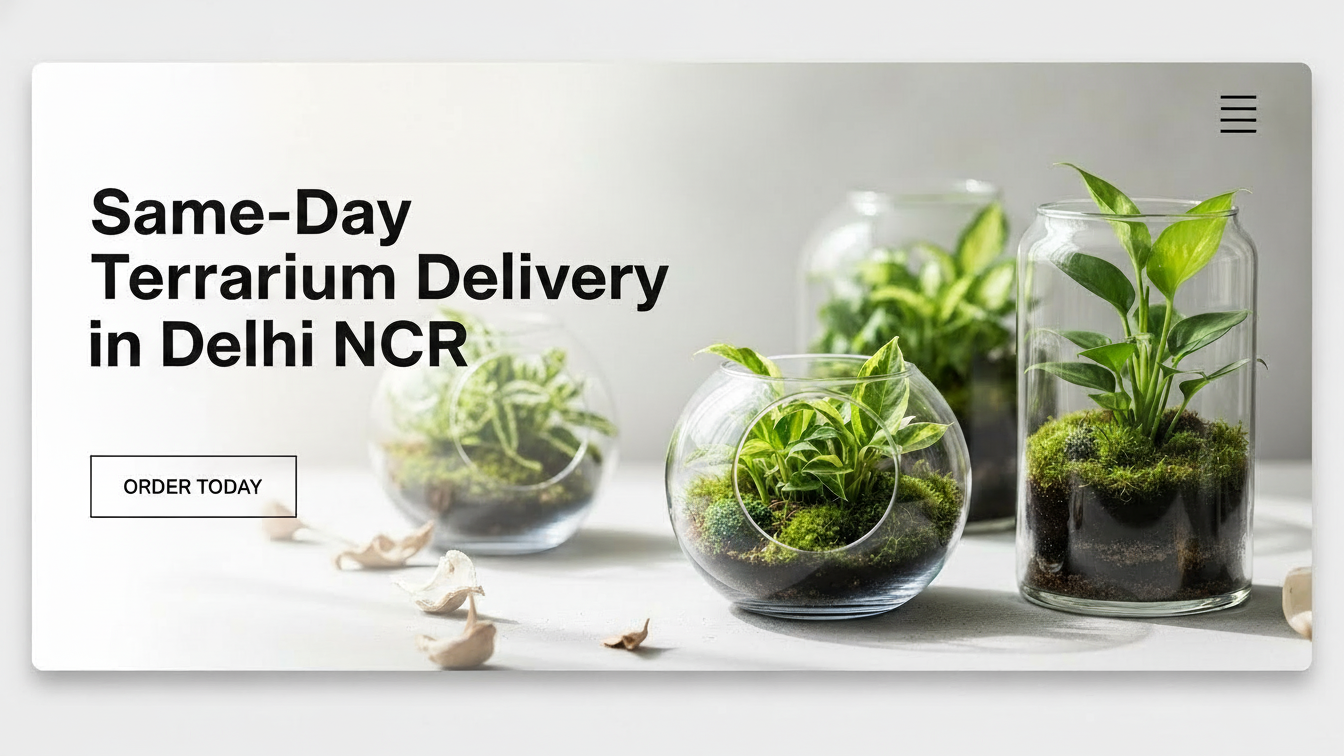 Glass terrarium with indoor plants delivered by Wild Roots Gifting to homes and offices across Delhi NCR