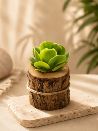 small succulent plant in sheesham wood log planter, rustic mini indoor plant for desk decor, natural wooden planter for home and office