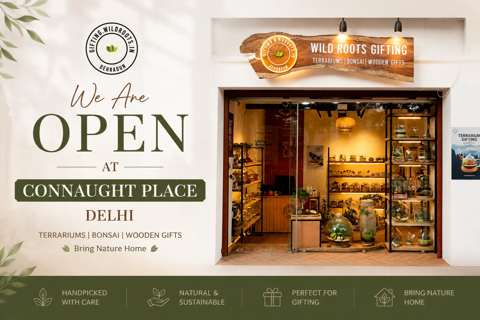 Wild Roots Gifting store opening in Connaught Place Delhi showcasing premium terrariums, bonsai plants, and handcrafted wooden gifts in a modern retail space