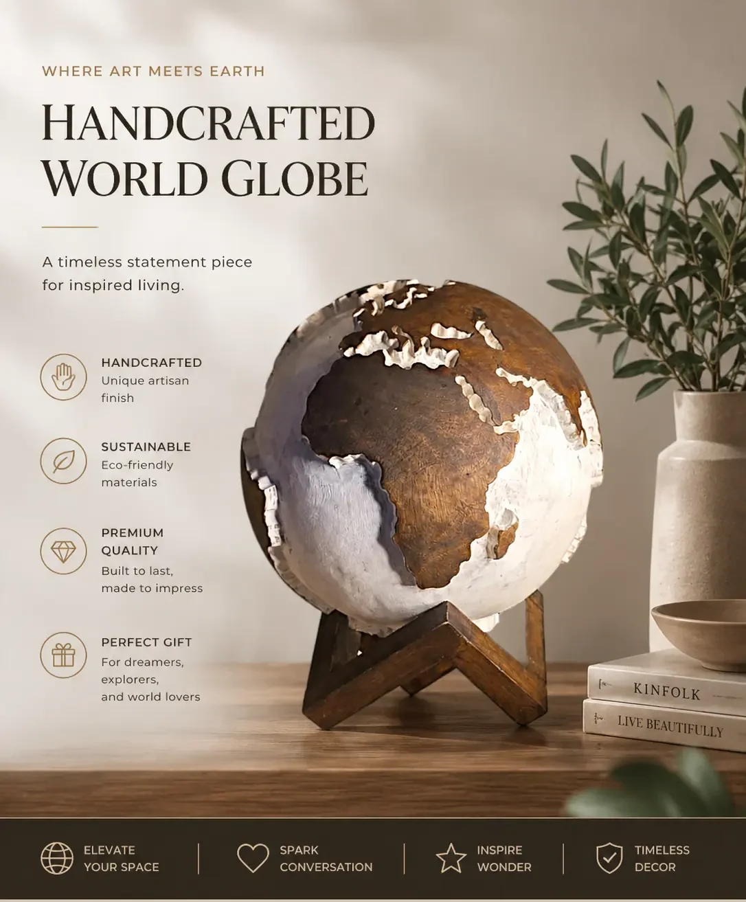 hand carved wooden globe solid mango wood