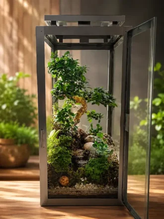 Luxury bonsai terrarium in premium steel and glass frame for home decor in India