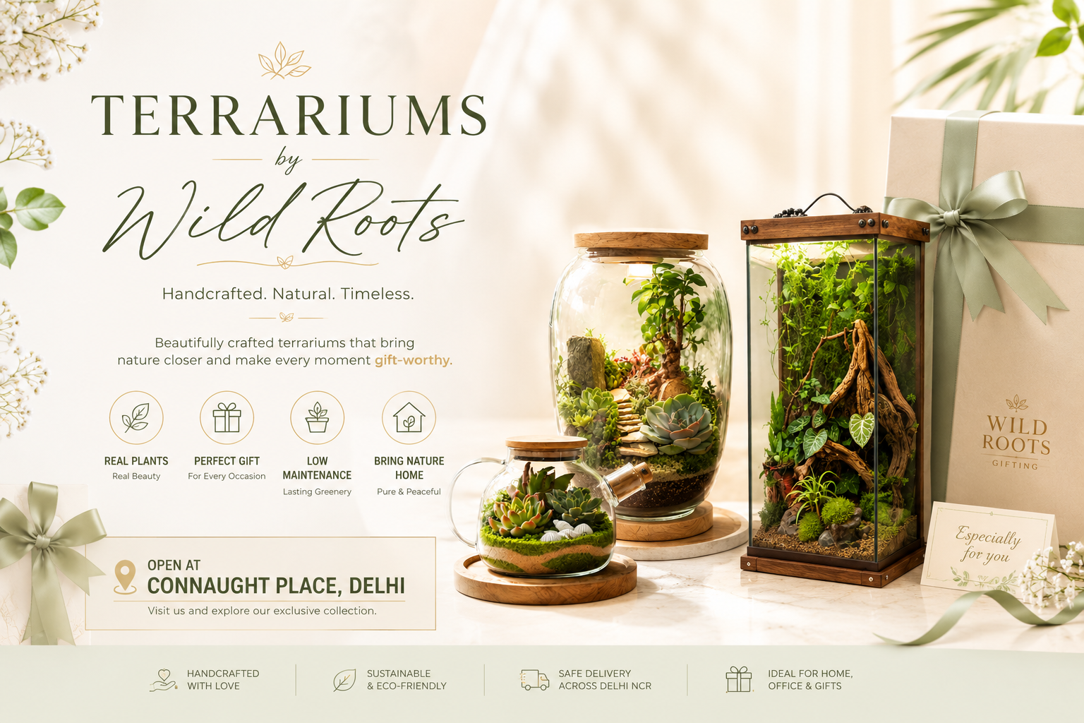 Premium handcrafted terrariums by Wild Roots Gifting featuring elegant glass terrariums with real plants, available at Connaught Place, Delhi. Luxury indoor plant décor for homes, offices, hotels, and corporate gifting across Delhi NCR.