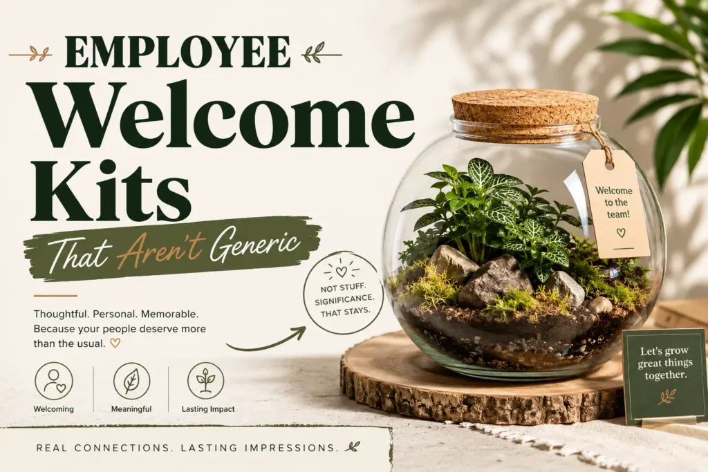 Eco-friendly employee welcome kit with a terrarium plant gift by Wild Roots Gifting