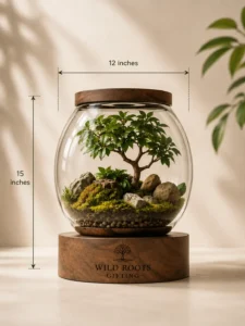 Premium 12 inch glass terrarium with live bonsai, succulents, moss, natural stones, and wooden base for indoor home and office décor.