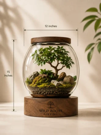 Premium 12 inch glass terrarium with live bonsai, succulents, moss, natural stones, and wooden base for indoor home and office décor.