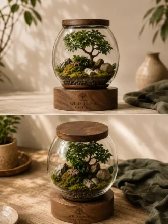 Premium 12 inch glass terrarium with live bonsai, succulents, moss, natural stones, and wooden base for indoor home and office décor.