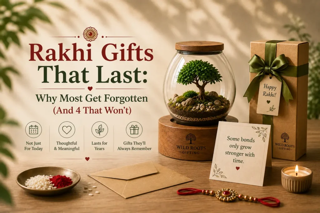 Rakhi gifts that last with a bonsai terrarium and thoughtful gift box
