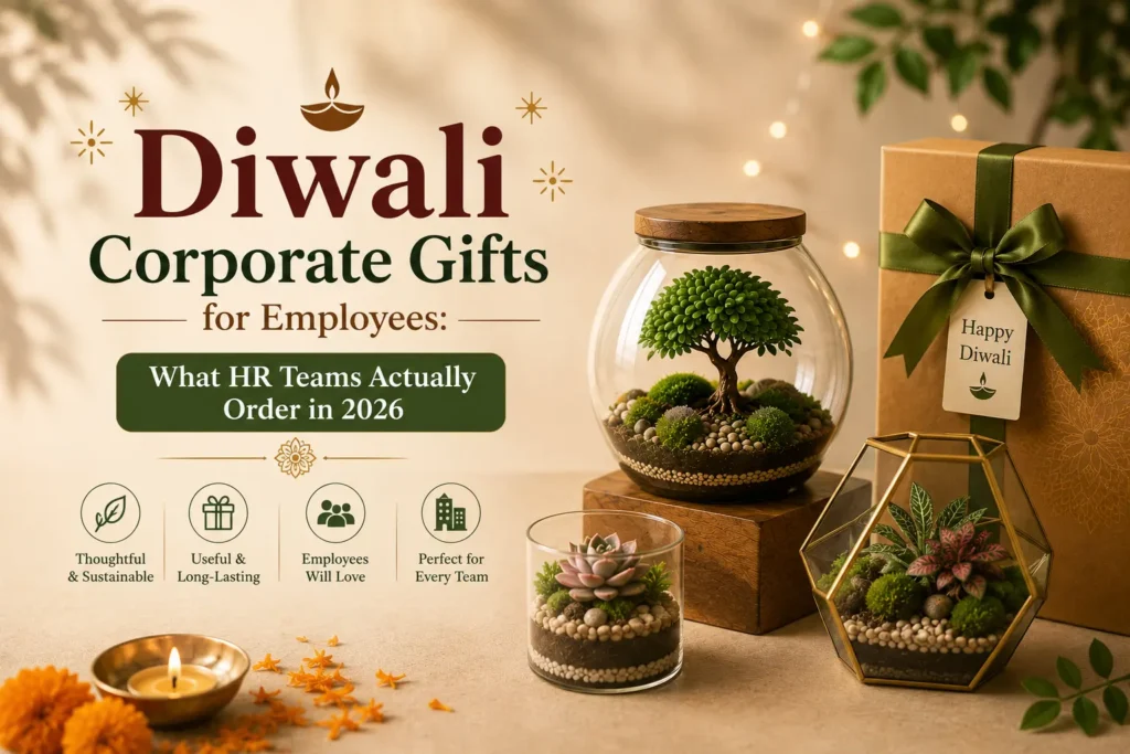 Diwali corporate gifts for employees featuring different terrariums and festive gift packaging