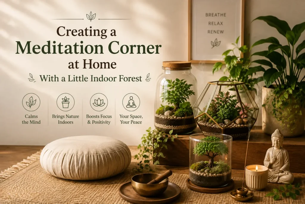 Meditation corner at home with indoor plants and terrariums, home meditation corner plants
