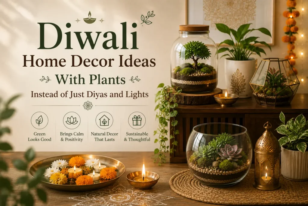 Diwali home decor ideas with plants, terrariums, diyas and greenery
