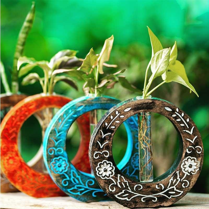 Hand-carved wooden test tube planter with glass vials for plant propagation by Wild Roots Gifting – rustic indoor decor in Delhi NCR and Dehradun